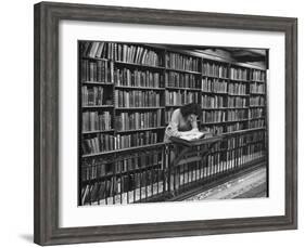 Woman Reading Book Among Shelves on Balcony in American History Room in New York Public Library-Alfred Eisenstaedt-Framed Photographic Print