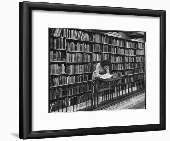 Woman Reading Book Among Shelves on Balcony in American History Room in New York Public Library-Alfred Eisenstaedt-Framed Photographic Print