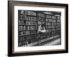 Woman Reading Book Among Shelves on Balcony in American History Room in New York Public Library-Alfred Eisenstaedt-Framed Photographic Print