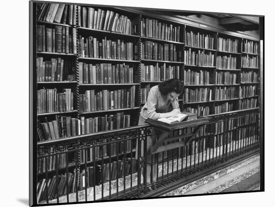 Woman Reading Book Among Shelves on Balcony in American History Room in New York Public Library-Alfred Eisenstaedt-Mounted Photographic Print
