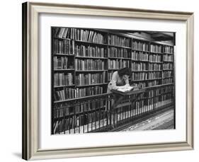 Woman Reading Book Among Shelves on Balcony in American History Room in New York Public Library-Alfred Eisenstaedt-Framed Photographic Print