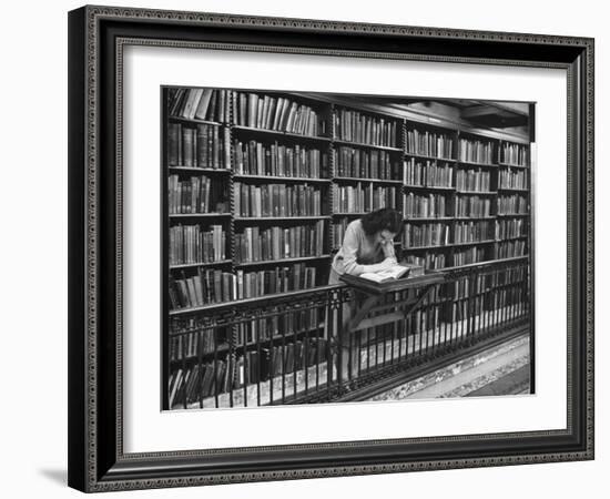 Woman Reading Book Among Shelves on Balcony in American History Room in New York Public Library-Alfred Eisenstaedt-Framed Photographic Print