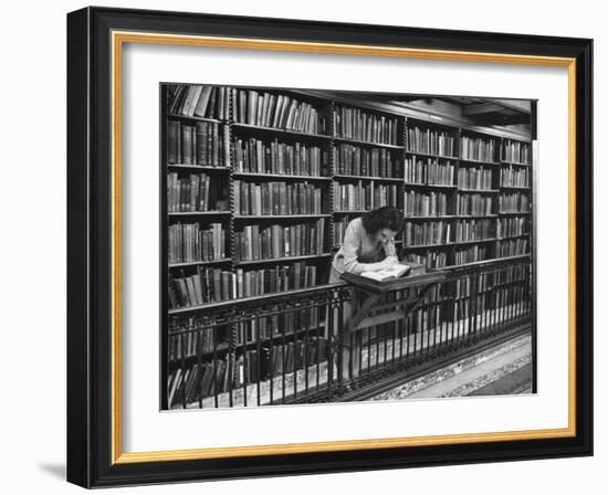 Woman Reading Book Among Shelves on Balcony in American History Room in New York Public Library-Alfred Eisenstaedt-Framed Photographic Print