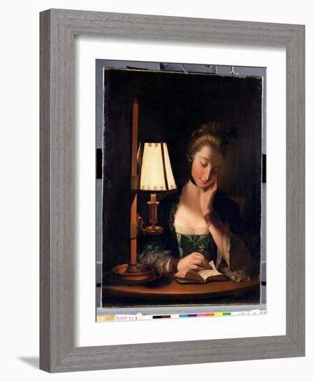 Woman Reading by a Paper-Bell Shade, 1766-Henry Robert Morland-Framed Giclee Print