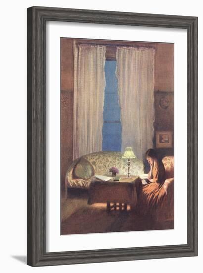 Woman Reading by Lamplight-null-Framed Art Print