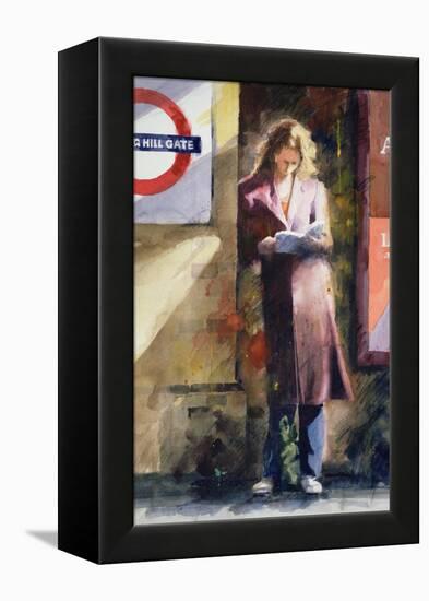 Woman Reading on Notting Hill Gate Platform-John Lidzey-Framed Premier Image Canvas