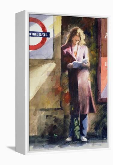 Woman Reading on Notting Hill Gate Platform-John Lidzey-Framed Premier Image Canvas