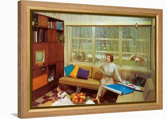 Woman Reading Plans in Living Room, Retro-null-Framed Stretched Canvas