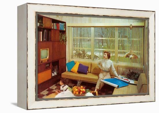 Woman Reading Plans in Living Room, Retro-null-Framed Stretched Canvas