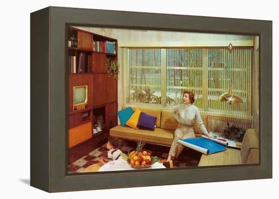 Woman Reading Plans in Living Room, Retro-null-Framed Stretched Canvas