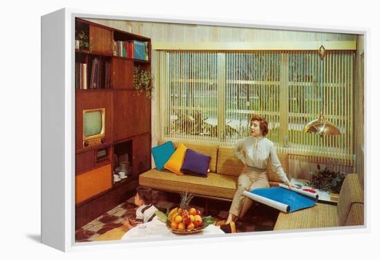 Woman Reading Plans in Living Room, Retro-null-Framed Stretched Canvas