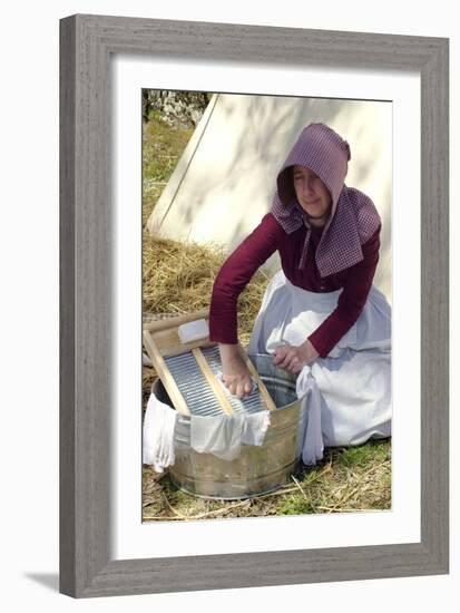 Woman Reenactor Doing Laundry with a Washboard, Living History Demonstration, Shiloh, Tennessee-null-Framed Photographic Print