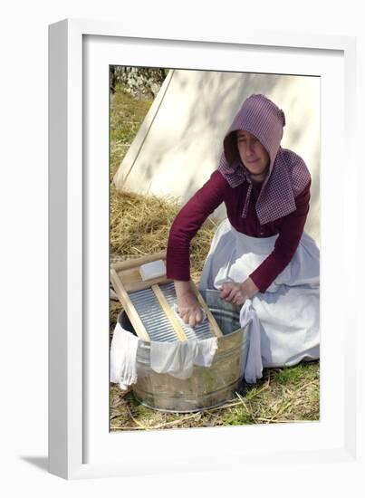 Woman Reenactor Doing Laundry with a Washboard, Living History Demonstration, Shiloh, Tennessee-null-Framed Photographic Print