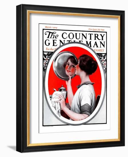 "Woman Reflected in Silver Tray," Country Gentleman Cover, March 1, 1924-Katherine R. Wireman-Framed Giclee Print