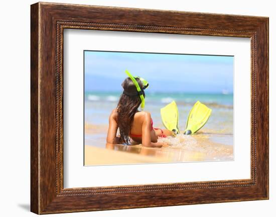 Woman Relaxing on Summer Beach Vacation Holidays Lying in Sand with Snorkeling Mask and Fins Smilin-Maridav-Framed Photographic Print