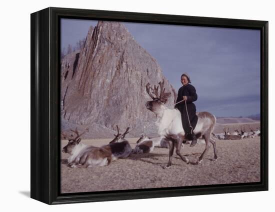 Woman Riding One of Her Reindeer in Outer Mongolia-Howard Sochurek-Framed Premier Image Canvas