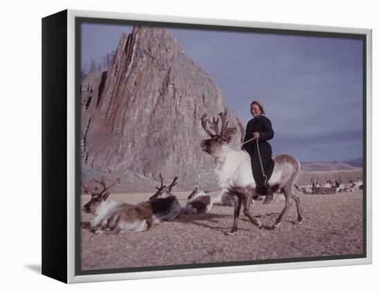 Woman Riding One of Her Reindeer in Outer Mongolia-Howard Sochurek-Framed Premier Image Canvas