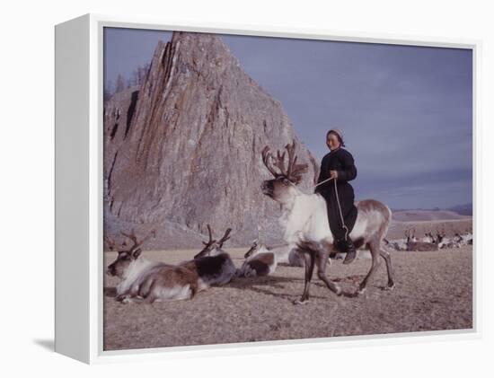Woman Riding One of Her Reindeer in Outer Mongolia-Howard Sochurek-Framed Premier Image Canvas