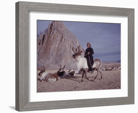 Woman Riding One of Her Reindeer in Outer Mongolia-Howard Sochurek-Framed Photographic Print