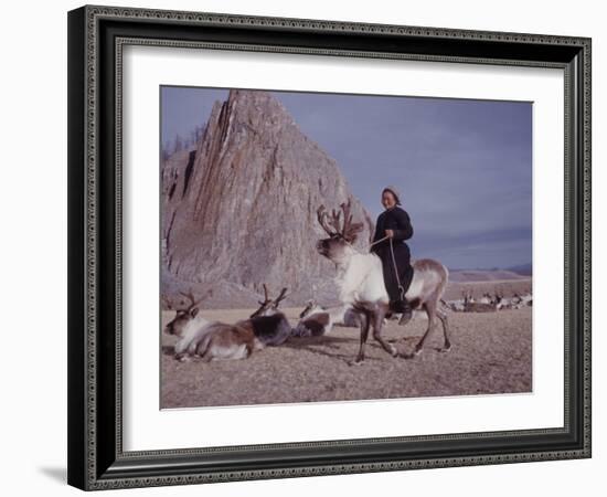 Woman Riding One of Her Reindeer in Outer Mongolia-Howard Sochurek-Framed Photographic Print