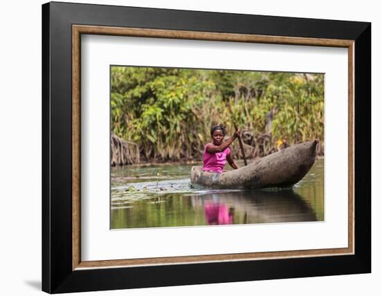 Woman Rowing Traditional Pirogue Down Du River, Monrovia, Liberia-Alida Latham-Framed Photographic Print