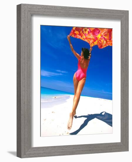 Woman Running on Pristine Beach, Caribbean-Greg Johnston-Framed Photographic Print