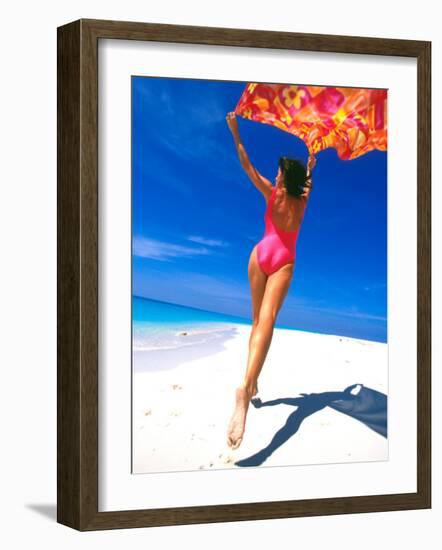 Woman Running on Pristine Beach, Caribbean-Greg Johnston-Framed Photographic Print