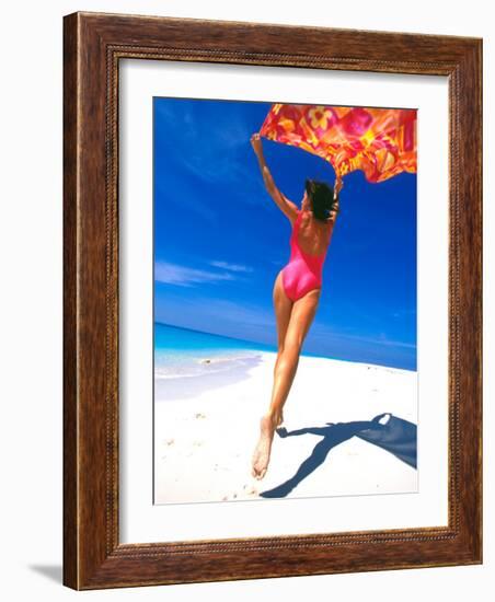 Woman Running on Pristine Beach, Caribbean-Greg Johnston-Framed Photographic Print