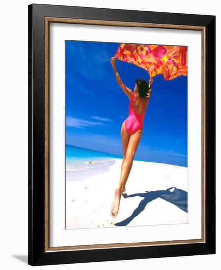 Woman Running on Pristine Beach, Caribbean-Greg Johnston-Framed Photographic Print