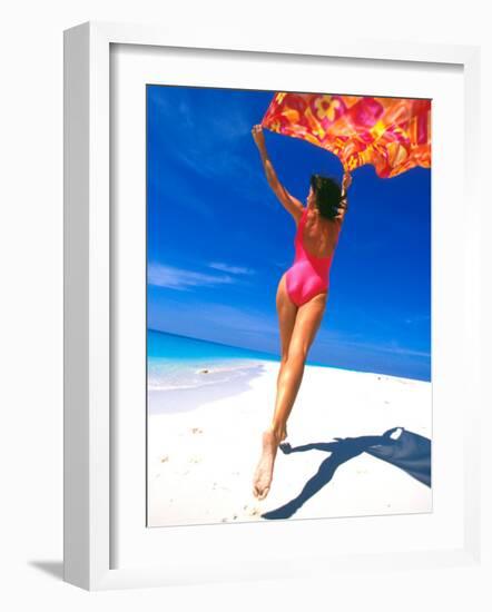 Woman Running on Pristine Beach, Caribbean-Greg Johnston-Framed Photographic Print