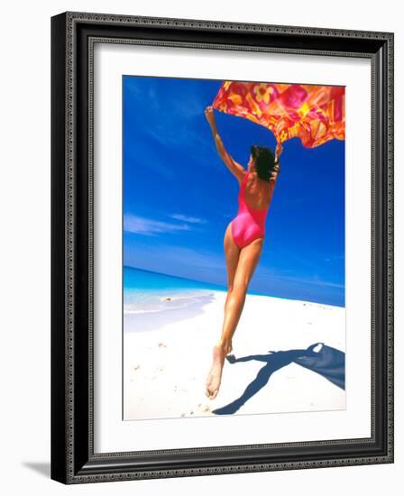 Woman Running on Pristine Beach, Caribbean-Greg Johnston-Framed Photographic Print