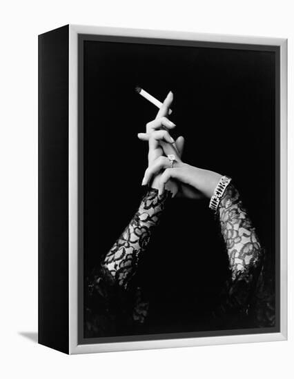 Woman's Hands Holding Cigarette-null-Framed Premier Image Canvas