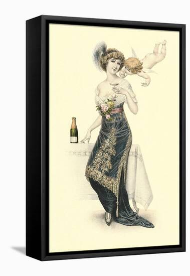 Woman Sampling Champagne with Cupid-null-Framed Stretched Canvas