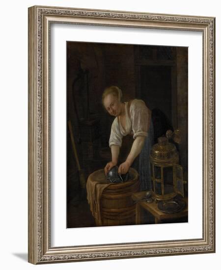 Woman Scouring Metalware-Jan Havicksz Steen-Framed Art Print