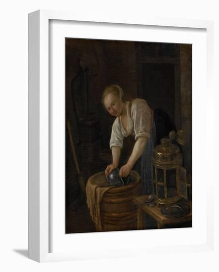 Woman Scouring Metalware-Jan Havicksz Steen-Framed Art Print