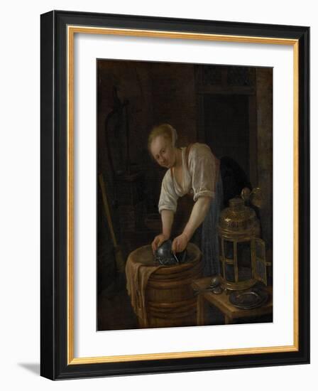 Woman Scouring Metalware-Jan Havicksz Steen-Framed Art Print