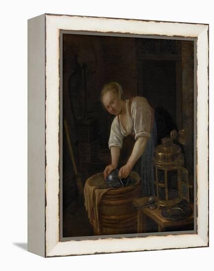 Woman Scouring Metalware-Jan Havicksz Steen-Framed Stretched Canvas