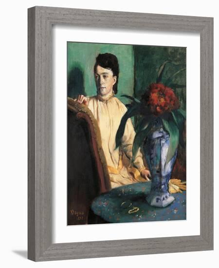 Woman Seated beside a Vase of Flowers-Edgar Degas-Framed Art Print