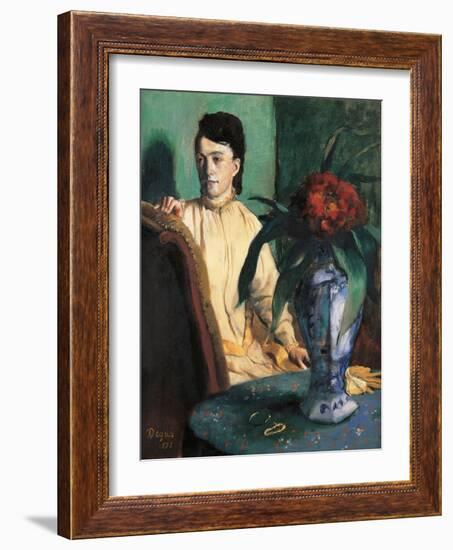 Woman Seated beside a Vase of Flowers-Edgar Degas-Framed Art Print