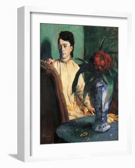 Woman Seated beside a Vase of Flowers-Edgar Degas-Framed Art Print