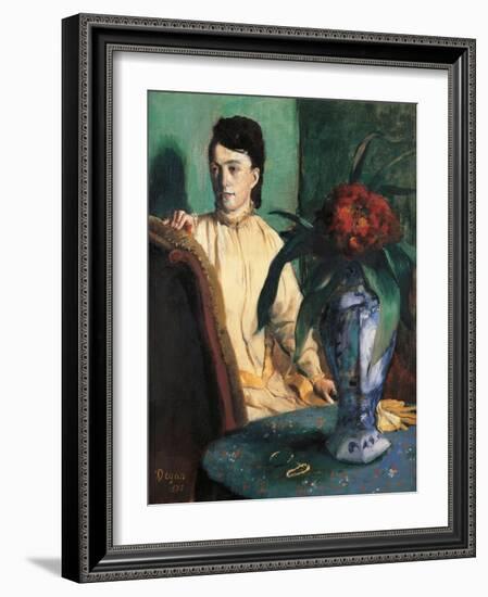 Woman Seated beside a Vase of Flowers-Edgar Degas-Framed Art Print