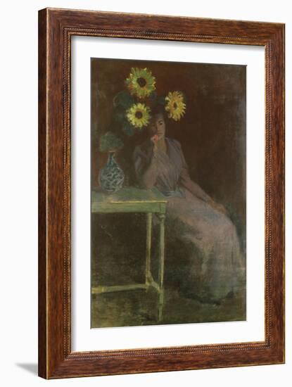 Woman Seated with Sunflowers-Claude Monet-Framed Giclee Print