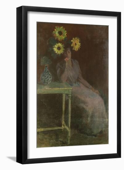 Woman Seated with Sunflowers-Claude Monet-Framed Giclee Print