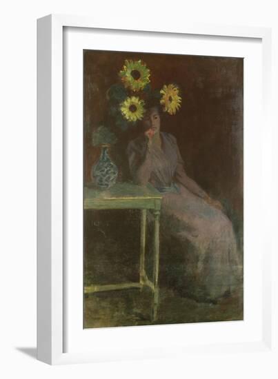 Woman Seated with Sunflowers-Claude Monet-Framed Giclee Print