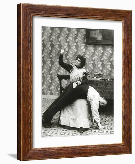 Woman Sewing a Tear on a Man's Trousers, C.1895-null-Framed Photographic Print