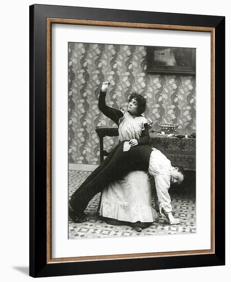 Woman Sewing a Tear on a Man's Trousers, C.1895-null-Framed Photographic Print