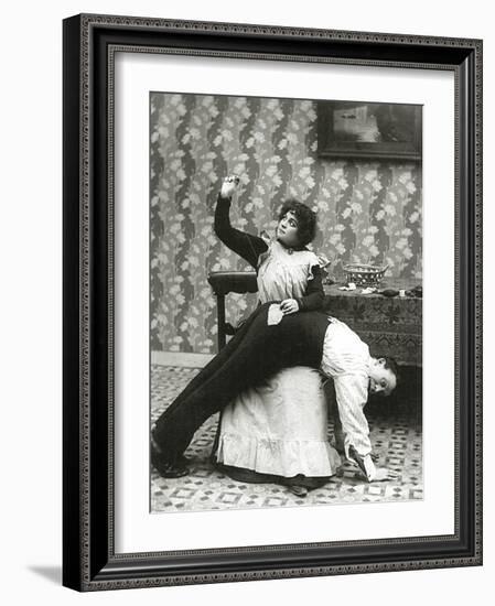 Woman Sewing a Tear on a Man's Trousers, C.1895--Framed Photographic Print