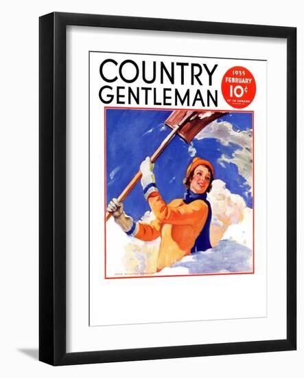 "Woman Shoveling Snow," Country Gentleman Cover, February 1, 1935-John Newton Howitt-Framed Giclee Print