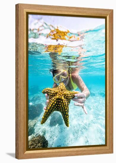 Woman showing a yellow starfish underwater in the tropical lagoon, Zanzibar, Tanzania-Roberto Moiola-Framed Premier Image Canvas