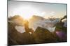 Woman Sits On A Mountain Peak Looking Into The Sun Rising In The North Cascades-Hannah Dewey-Mounted Photographic Print